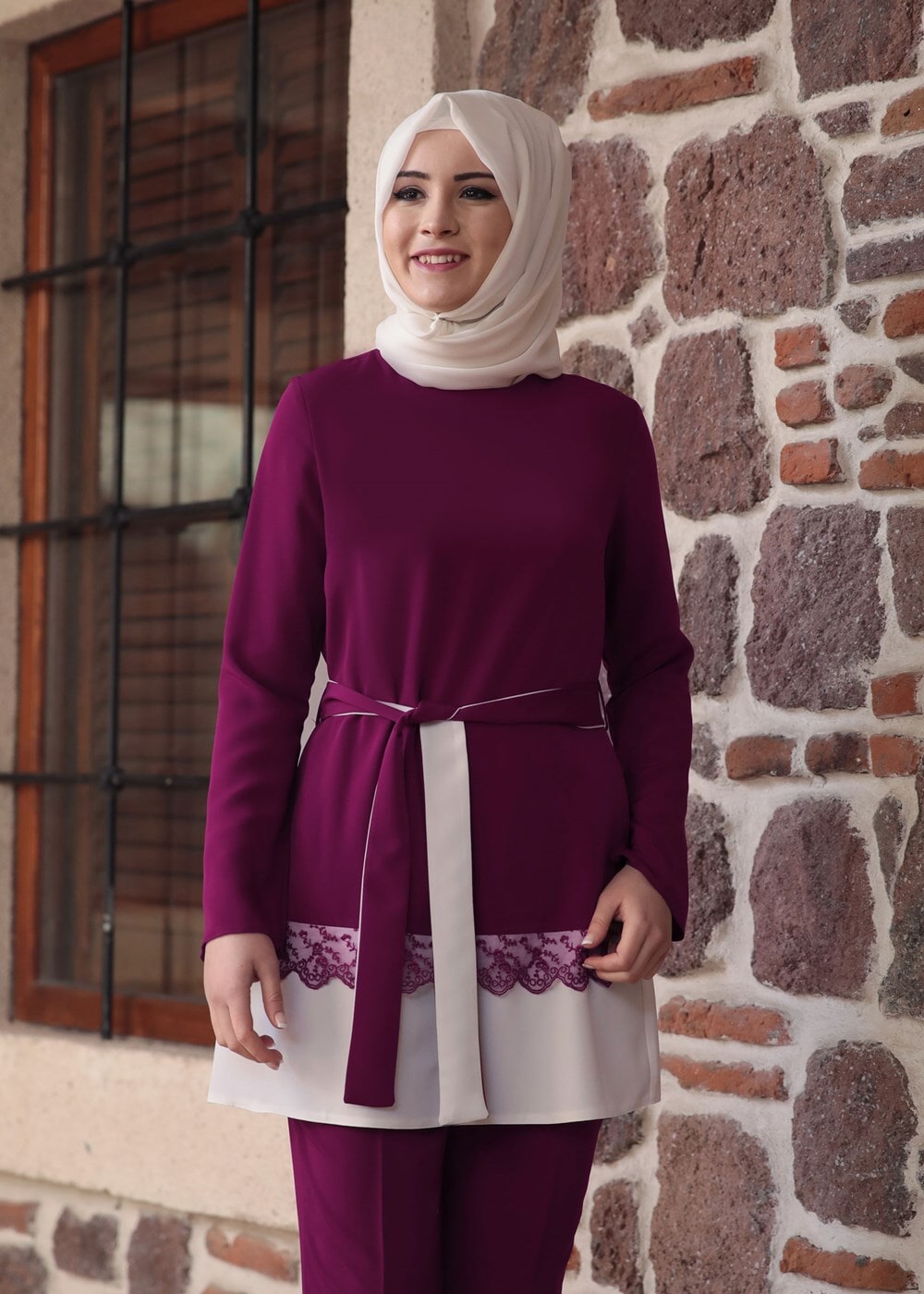 Tesettür giyim FUŞYA DANTEL DETAYLI BELİ KUŞAKLI PANTOLONLU TAKIM 1301