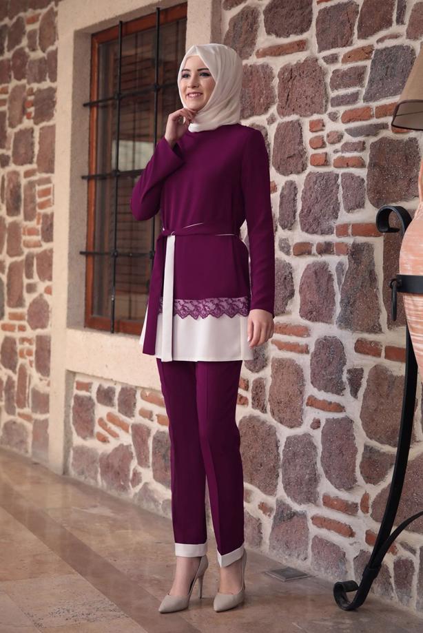 Tesettür giyim  DANTEL DETAYLI BELİ KUŞAKLI PANTOLONLU TAKIM 1301 - TRENDTESETTÜR