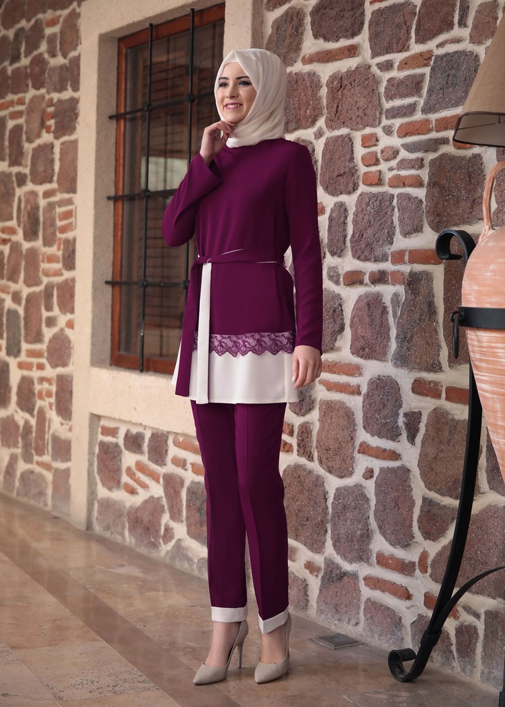 Tesettür giyim FUŞYA DANTEL DETAYLI BELİ KUŞAKLI PANTOLONLU TAKIM 1301