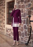 Tesettür giyim FUŞYA DANTEL DETAYLI BELİ KUŞAKLI PANTOLONLU TAKIM 1301