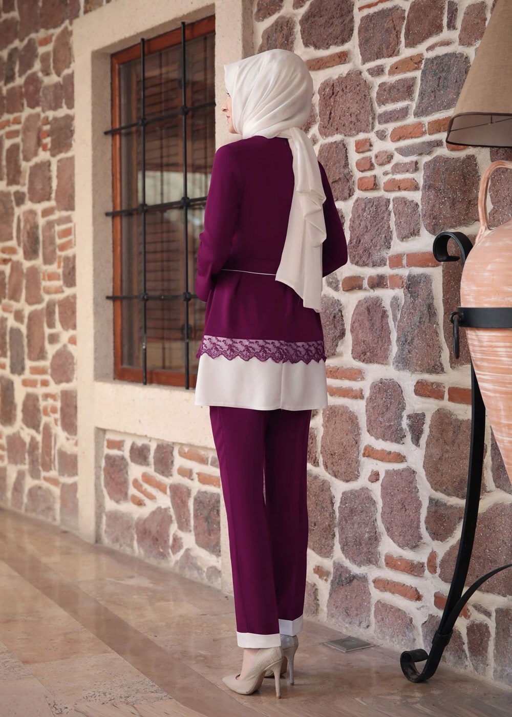 Tesettür giyim FUŞYA DANTEL DETAYLI BELİ KUŞAKLI PANTOLONLU TAKIM 1301