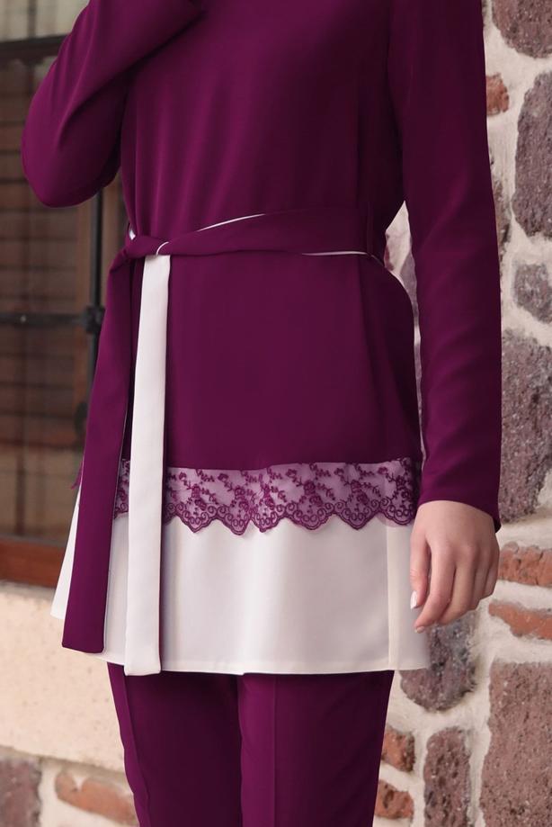 Tesettür giyim  DANTEL DETAYLI BELİ KUŞAKLI PANTOLONLU TAKIM 1301 - TRENDTESETTÜR