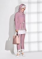 Tesettür giyim PUDRA DANTEL DETAYLI BELİ KUŞAKLI PANTOLONLU TAKIM 1301