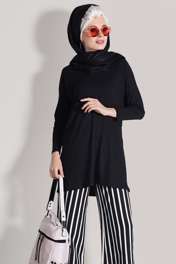 Hijab-Kleidung  T 2526 Dkn-Çizgili Pantolonlu Takım - TRENDTESETTÜR