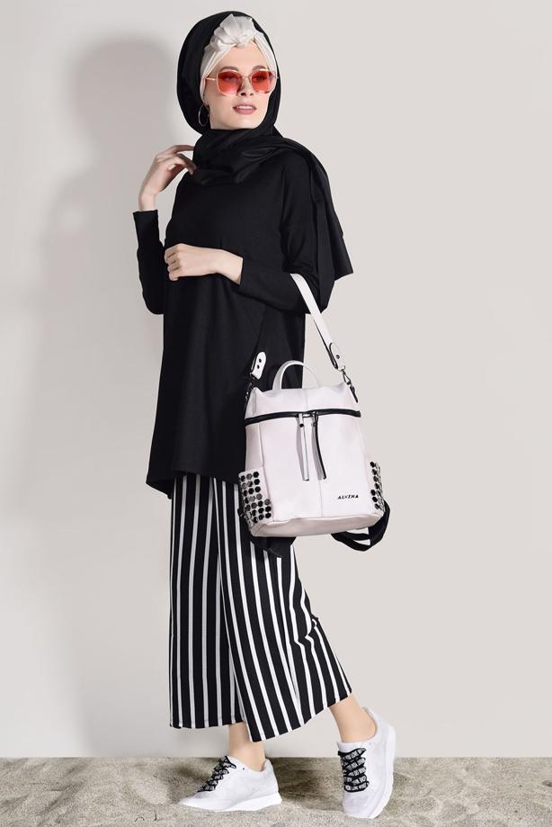 Hijab-Kleidung  T 2526 Dkn-Çizgili Pantolonlu Takım - TRENDTESETTÜR