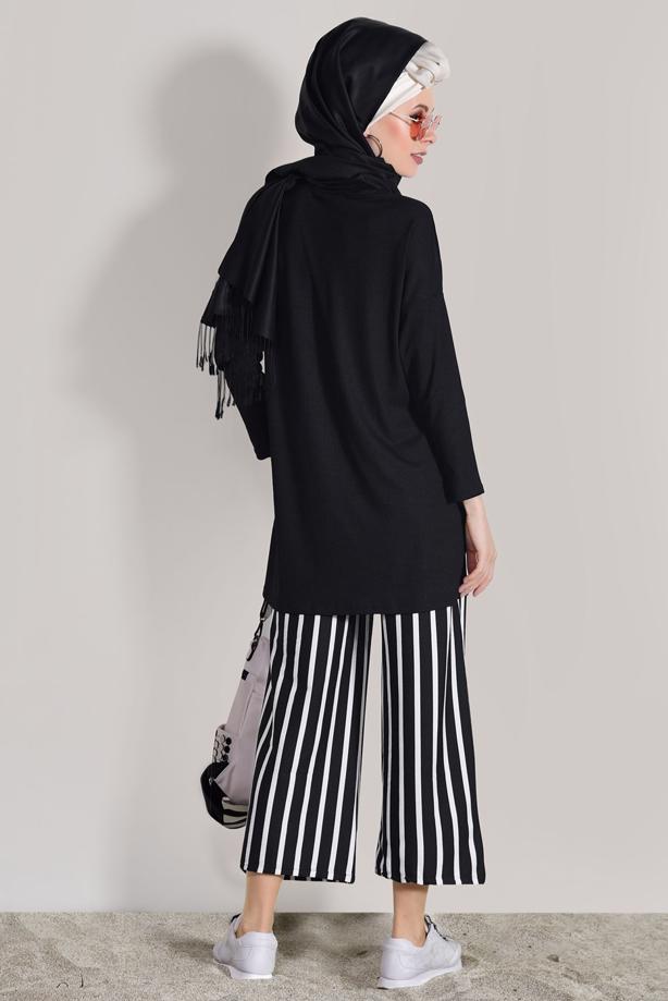 Hijab-Kleidung  T 2526 Dkn-Çizgili Pantolonlu Takım - TRENDTESETTÜR