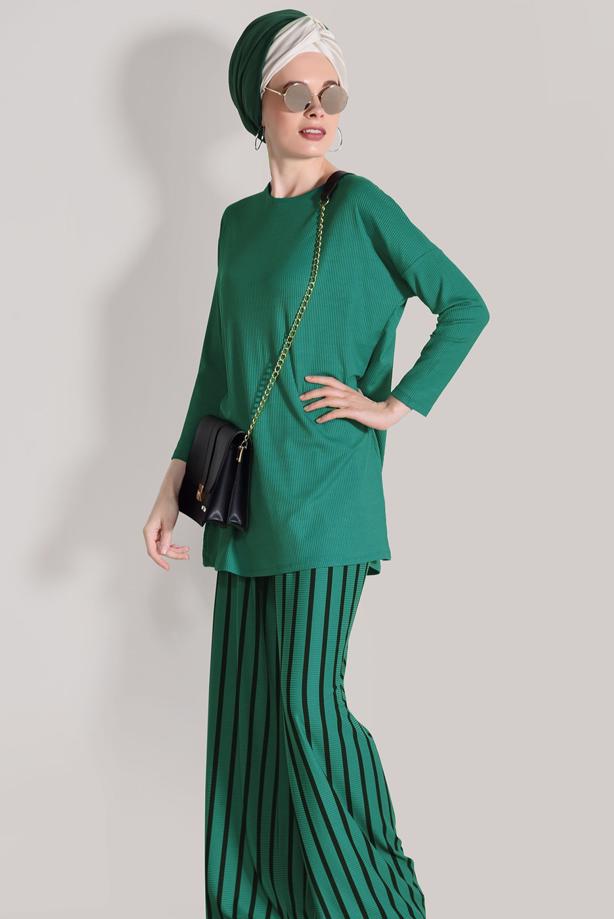 Hijab-Kleidung  T 2526 Dkn-Çizgili Pantolonlu Takım - TRENDTESETTÜR