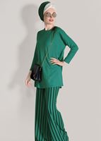 Tesettür giyim YEŞİL T 2526 Dkn-Çizgili Pantolonlu Takım