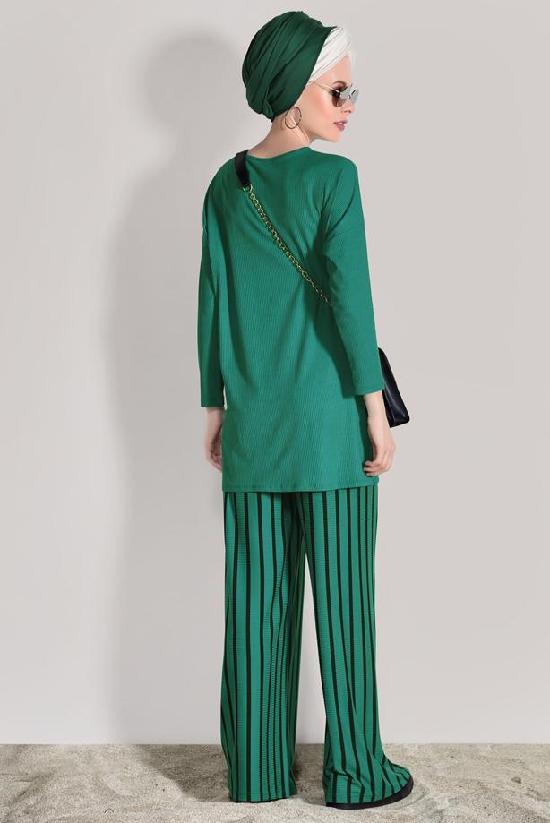 Hijab-Kleidung  T 2526 Dkn-Çizgili Pantolonlu Takım - TRENDTESETTÜR