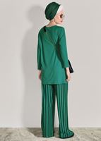 Tesettür giyim YEŞİL T 2526 Dkn-Çizgili Pantolonlu Takım