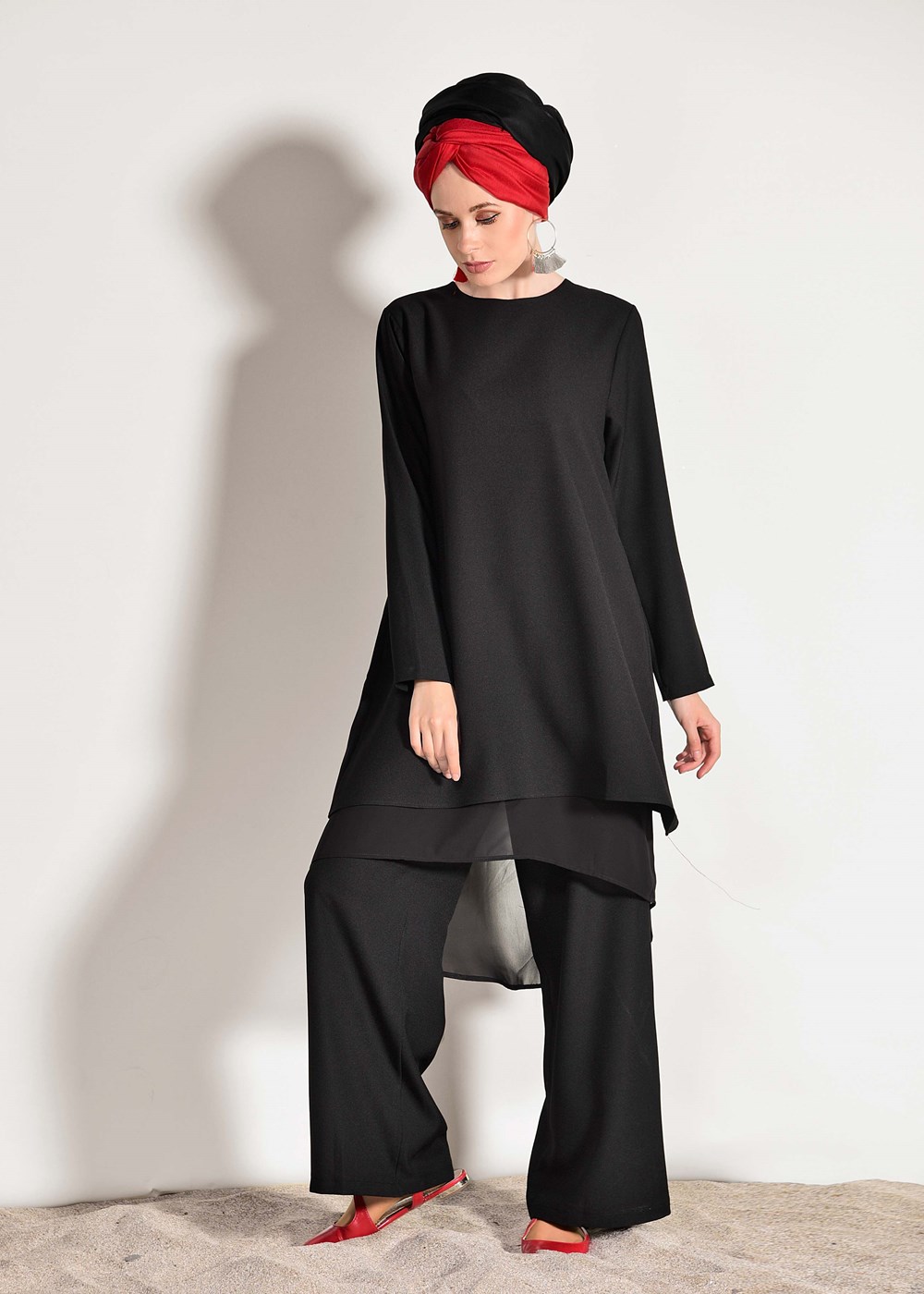 Vêtements hijab NOIR COSTUME EN MOUSSELINE DÉTAILLÉ AVEC PANTALON 3303