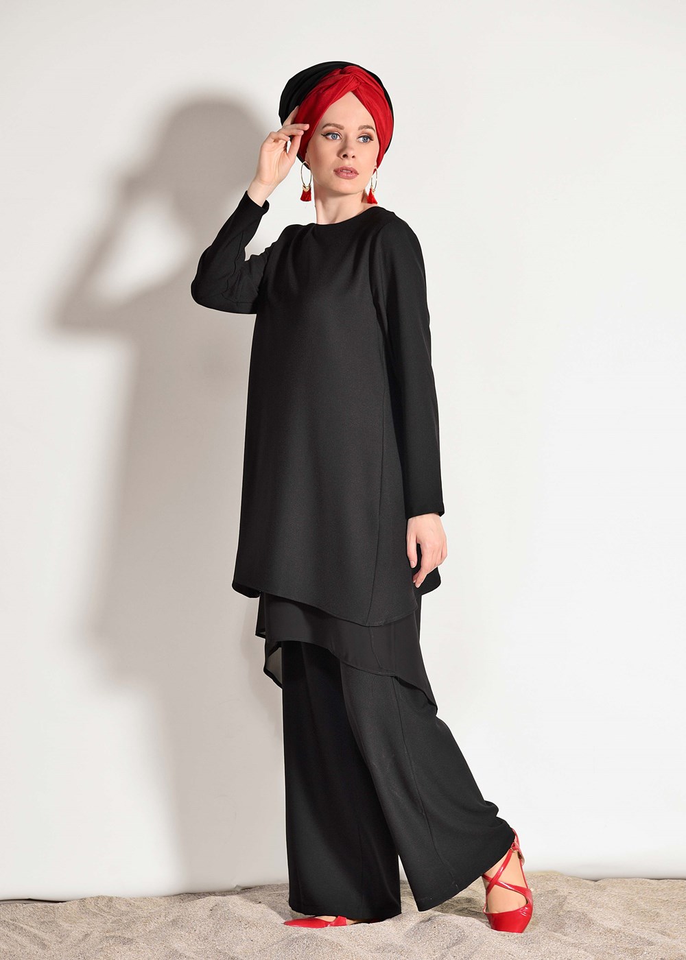 Vêtements hijab NOIR COSTUME EN MOUSSELINE DÉTAILLÉ AVEC PANTALON 3303