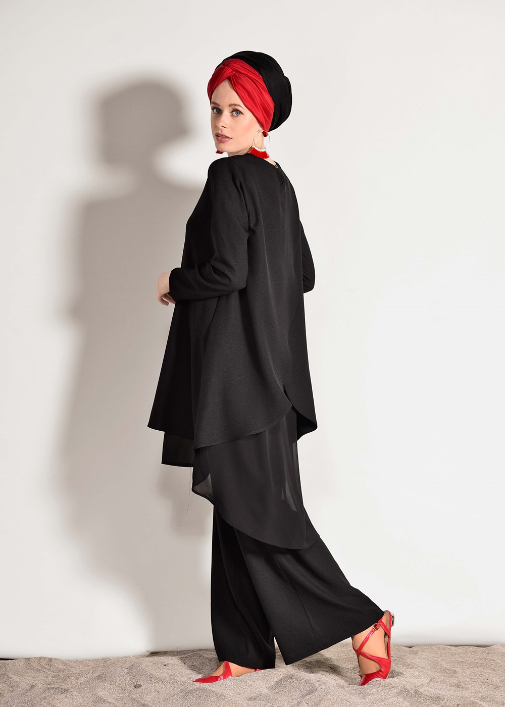 Vêtements hijab NOIR COSTUME EN MOUSSELINE DÉTAILLÉ AVEC PANTALON 3303