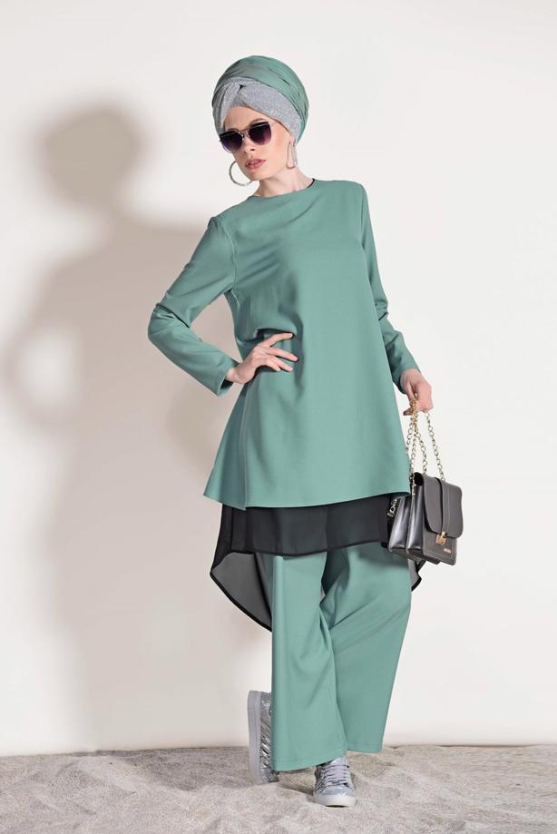 Vêtements hijab  CHIFFON DETAILED BOOTH SUIT WITH PANTS 3303  - TRENDTESETTÜR
