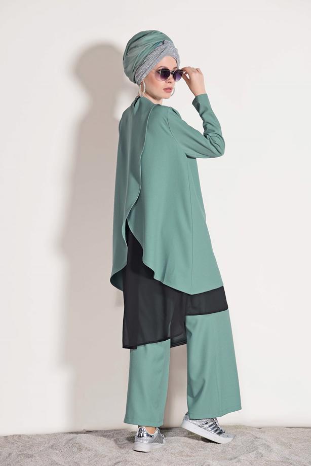 Vêtements hijab  CHIFFON DETAILED BOOTH SUIT WITH PANTS 3303  - TRENDTESETTÜR
