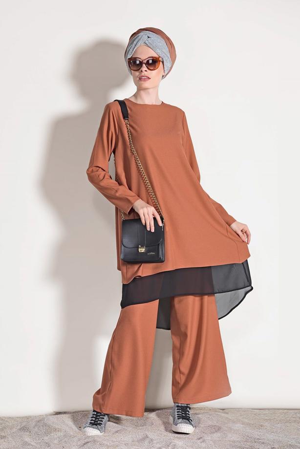 Vêtements hijab  CHIFFON DETAILED BOOTH SUIT WITH PANTS 3303  - TRENDTESETTÜR