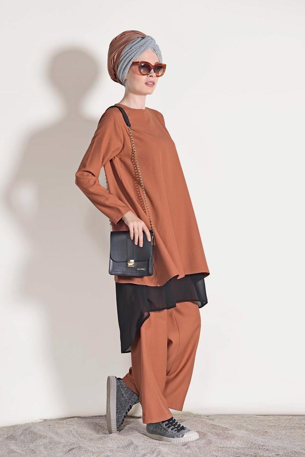 Vêtements hijab  CHIFFON DETAILED BOOTH SUIT WITH PANTS 3303  - TRENDTESETTÜR