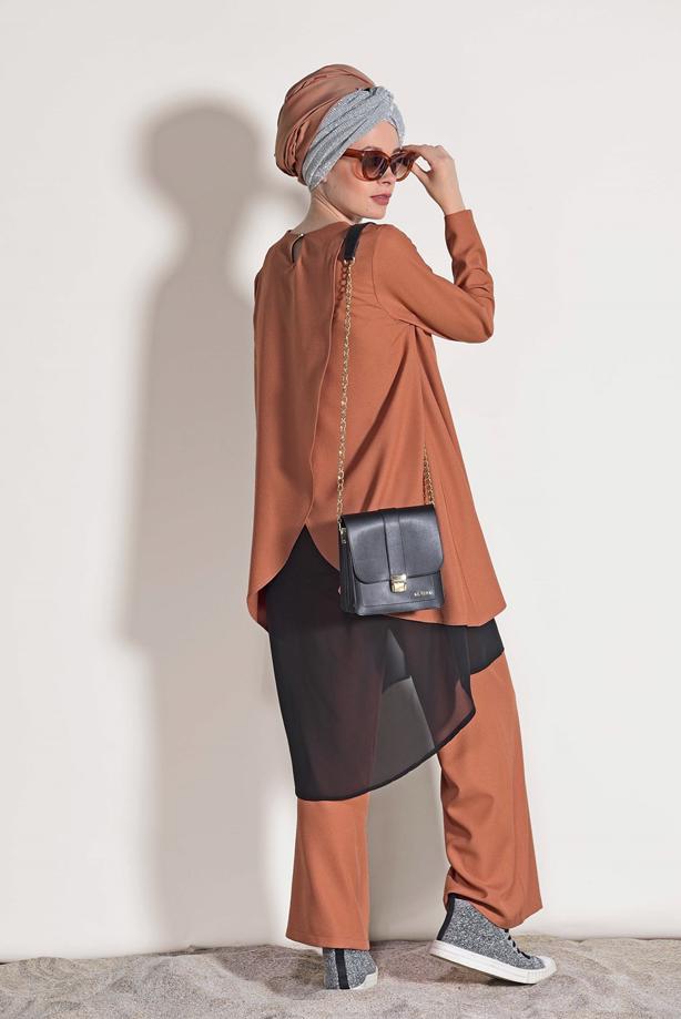 Vêtements hijab  CHIFFON DETAILED BOOTH SUIT WITH PANTS 3303  - TRENDTESETTÜR