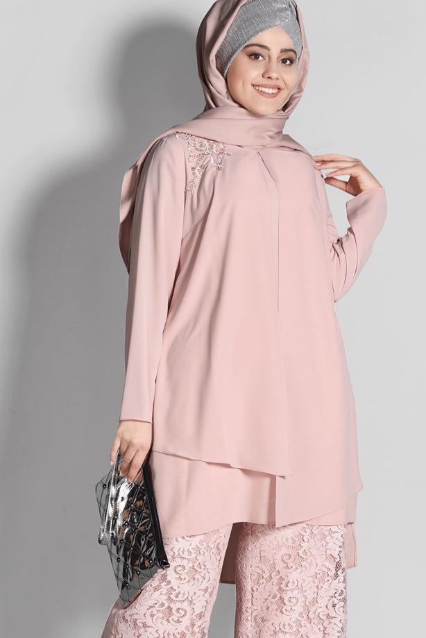 Tesettür giyim PUDRA T 3364P New Loren 2′li Pant. Takım-Alv Fashion - TRENDTESETTÜR