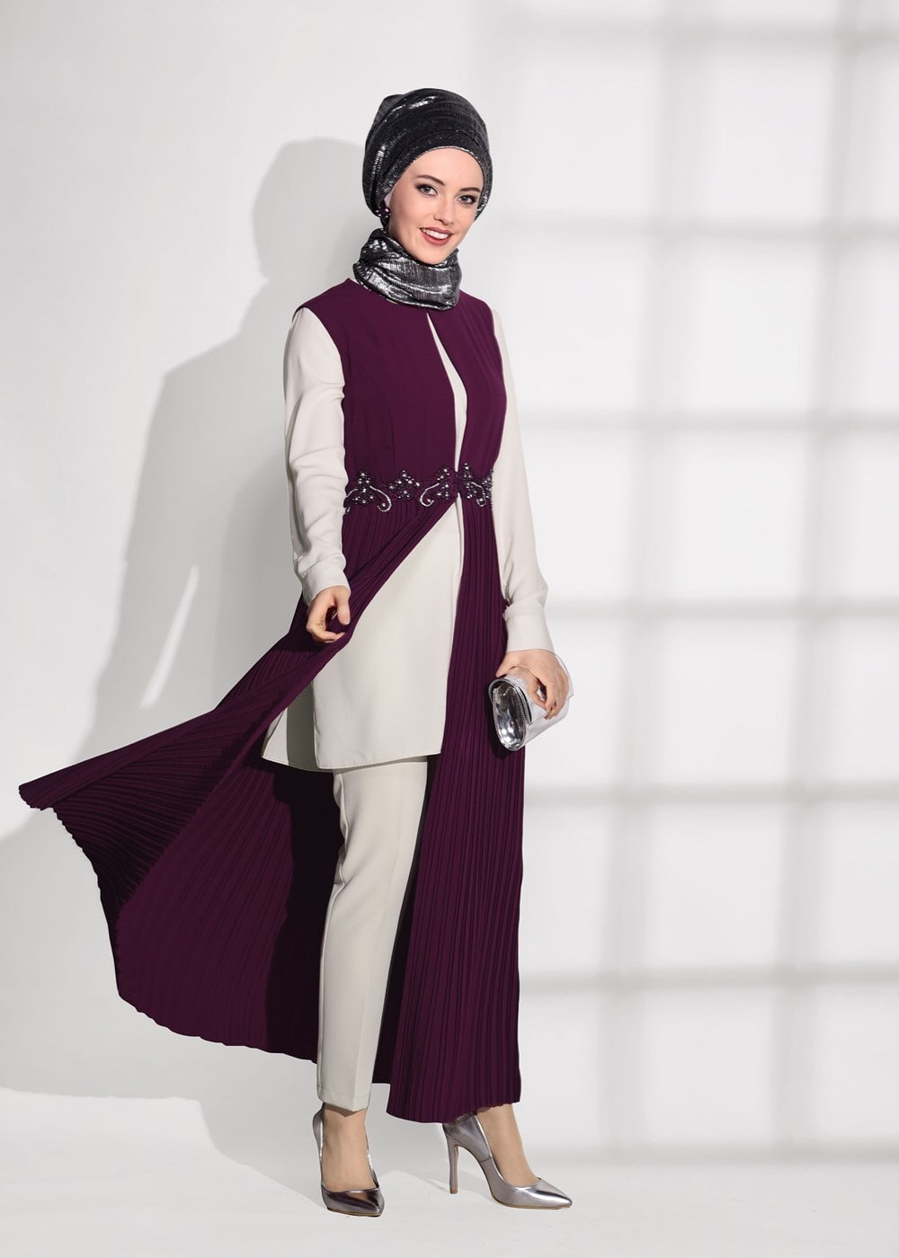 Tesettür giyim MÜRDÜM PİLİSELİ BELİ TAŞ DETAYLI 3&prime;LÜ PANTOLONLU TAKIM 3381