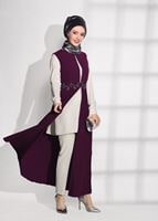Tesettür giyim MÜRDÜM PİLİSELİ BELİ TAŞ DETAYLI 3&prime;LÜ PANTOLONLU TAKIM 3381