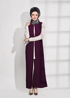 Tesettür giyim MÜRDÜM PİLİSELİ BELİ TAŞ DETAYLI 3&prime;LÜ PANTOLONLU TAKIM 3381