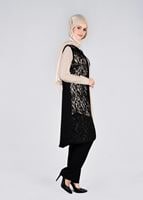 Tesettür giyim SİYAH YELEĞİ DANTEL DETAYLI 3&prime;LÜ PANTOLONLU TAKIM 3382