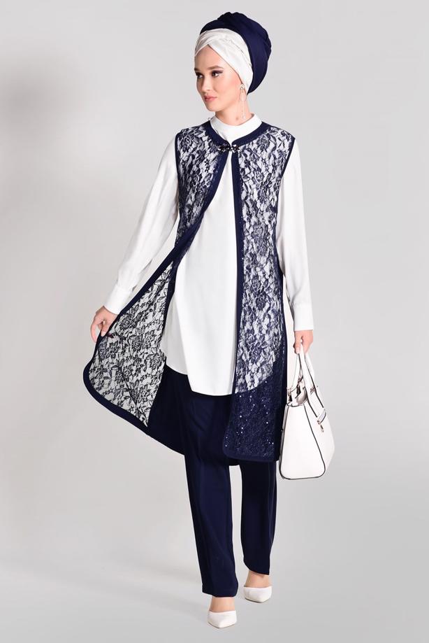 Vêtements hijab  Lace Vest Detailed Triple Pants Suit  T 3382 - TRENDTESETTÜR