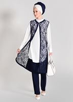 Tesettür giyim LACİVERT YELEĞİ DANTEL DETAYLI 3&prime;LÜ PANTOLONLU TAKIM 3382