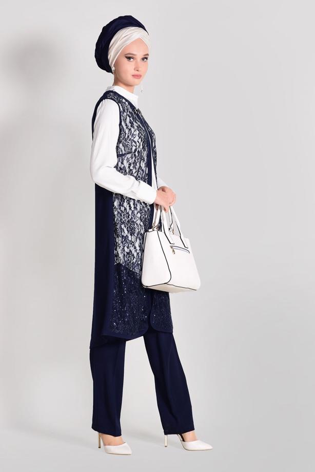 Vêtements hijab  Lace Vest Detailed Triple Pants Suit  T 3382 - TRENDTESETTÜR