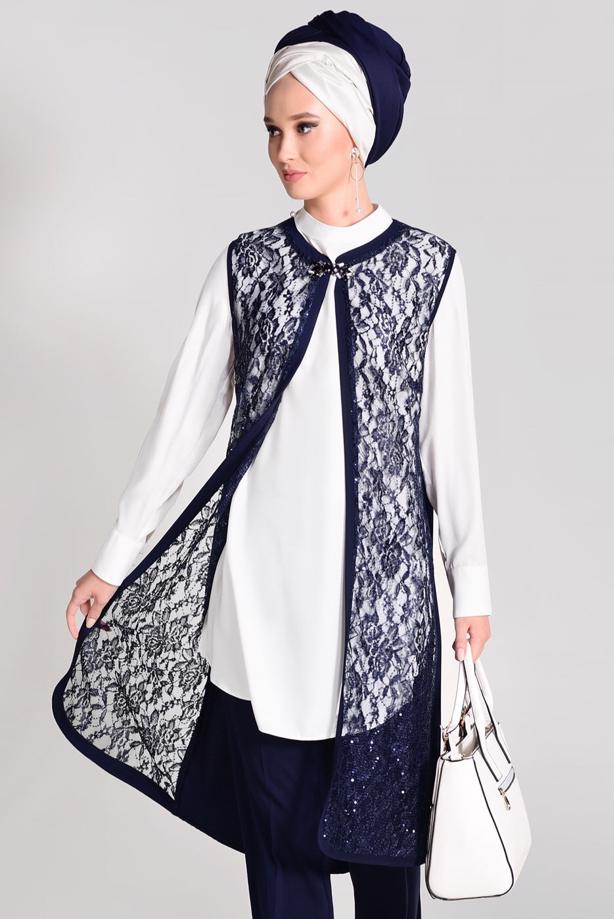 Vêtements hijab  Lace Vest Detailed Triple Pants Suit  T 3382 - TRENDTESETTÜR