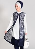 Tesettür giyim LACİVERT YELEĞİ DANTEL DETAYLI 3&prime;LÜ PANTOLONLU TAKIM 3382