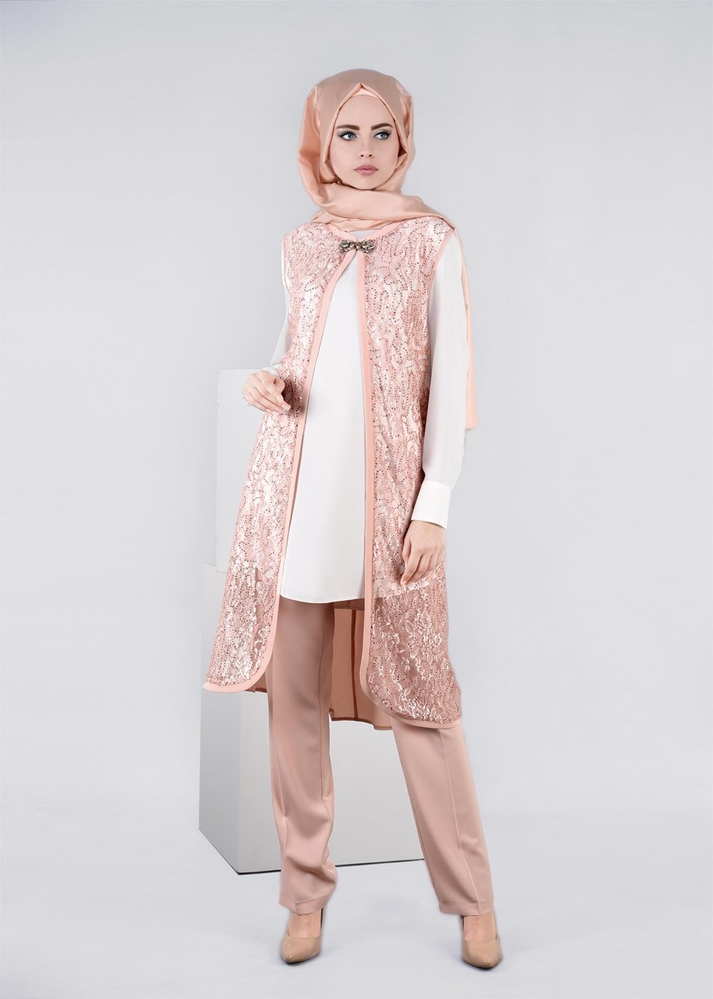 Hijab clothing POWDER Lace Vest Detailed Triple Pants Suit  T 3382