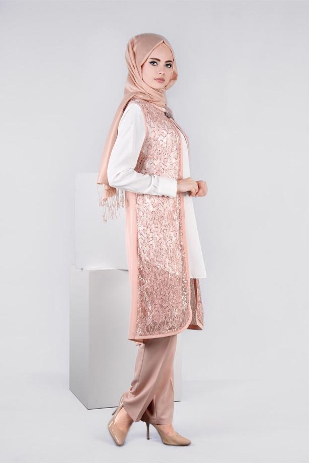 Vêtements hijab  Lace Vest Detailed Triple Pants Suit  T 3382 - TRENDTESETTÜR