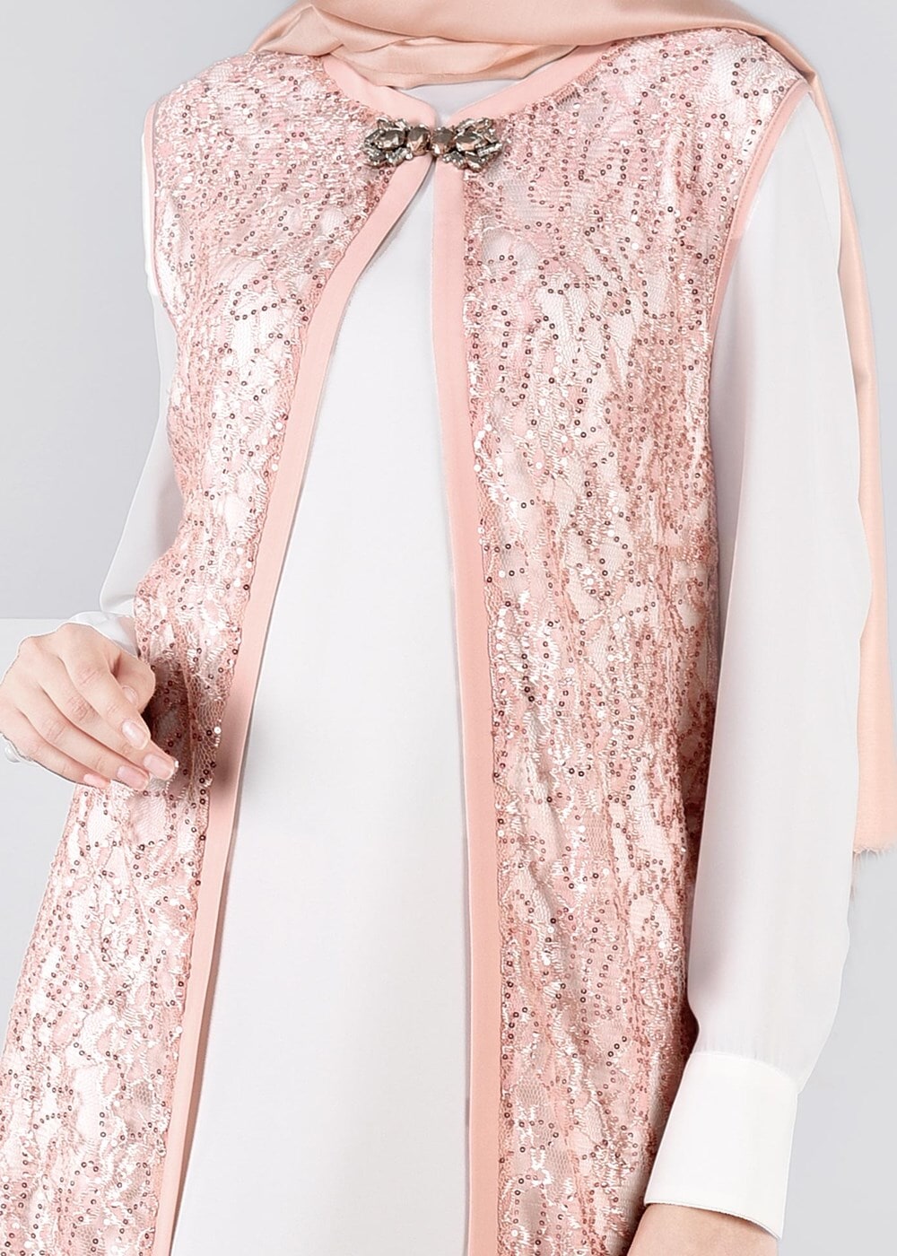 Hijab clothing POWDER Lace Vest Detailed Triple Pants Suit  T 3382