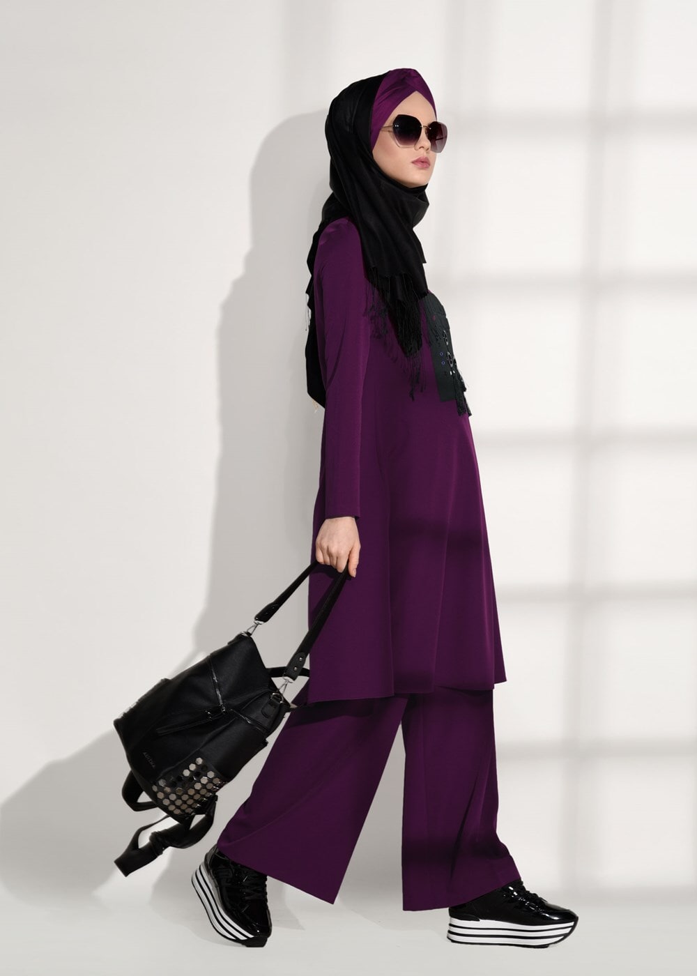 Hijab clothing PURPLE CREST DETAILED SUIT WITH PANTS 4825  