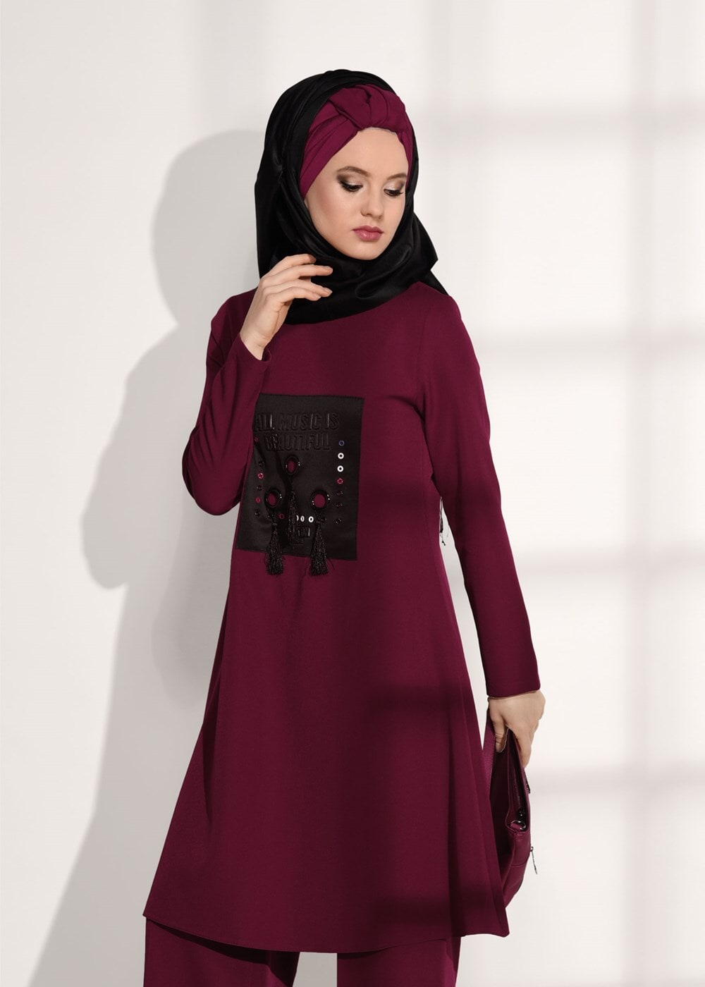 Hijab clothing CLARET RED CREST DETAILED SUIT WITH PANTS 4825  