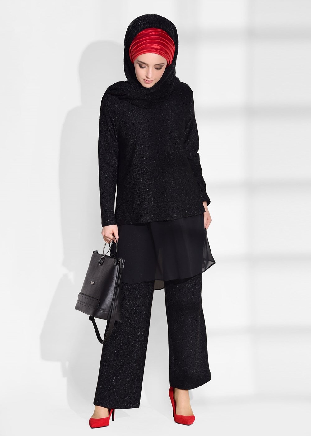 Tesettür giyim SİYAH T 4964 Mısra-Sim Detaylı Pantolonlu Takım