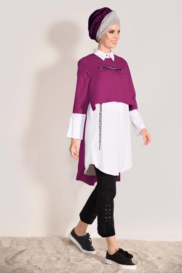 Tesettür giyim  T 6556 Zamane-Şeritli Tunik - TRENDTESETTÜR