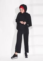 Tesettür giyim SİYAH DÜĞME DETAYLI FİTİLLİ PANTOLONLU TAKIM 6975 