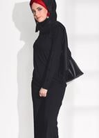 Tesettür giyim SİYAH DÜĞME DETAYLI FİTİLLİ PANTOLONLU TAKIM 6975 