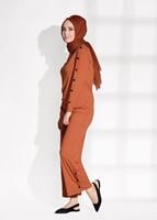 Tesettür giyim TURUNCU DÜĞME DETAYLI FİTİLLİ PANTOLONLU TAKIM 6975 