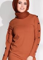 Tesettür giyim TURUNCU DÜĞME DETAYLI FİTİLLİ PANTOLONLU TAKIM 6975 