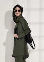 Tesettür giyim HAKİ ASİMETRİK KESİM PANTOLONLU TAKIM 7209