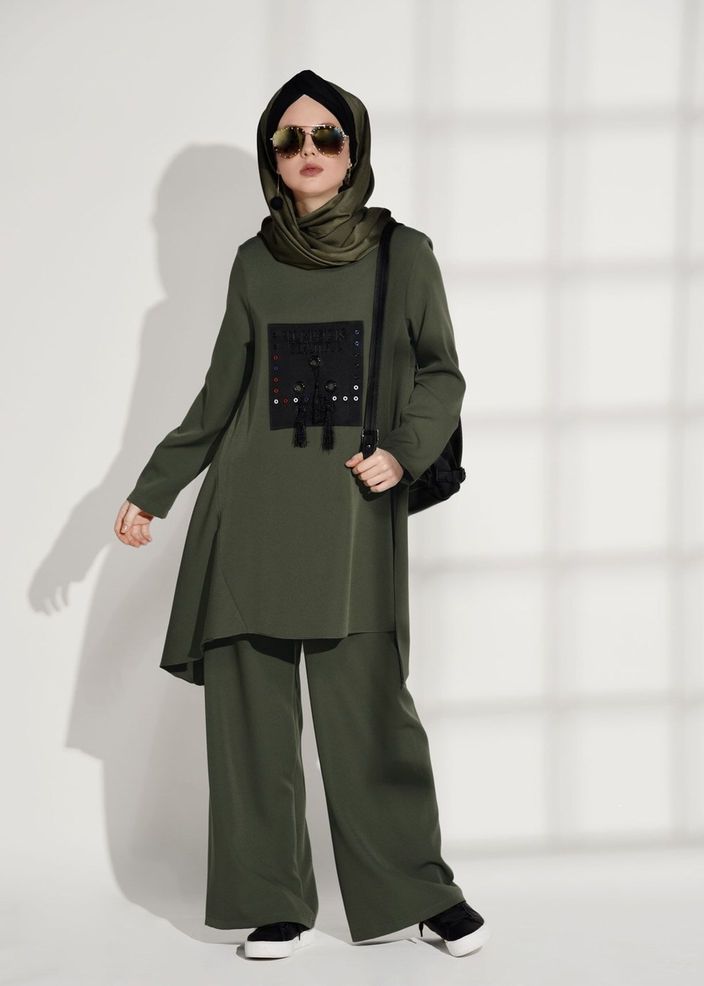 Tesettür giyim HAKİ ASİMETRİK KESİM PANTOLONLU TAKIM 7209