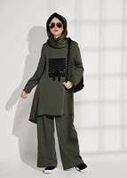 Tesettür giyim HAKİ ASİMETRİK KESİM PANTOLONLU TAKIM 7209