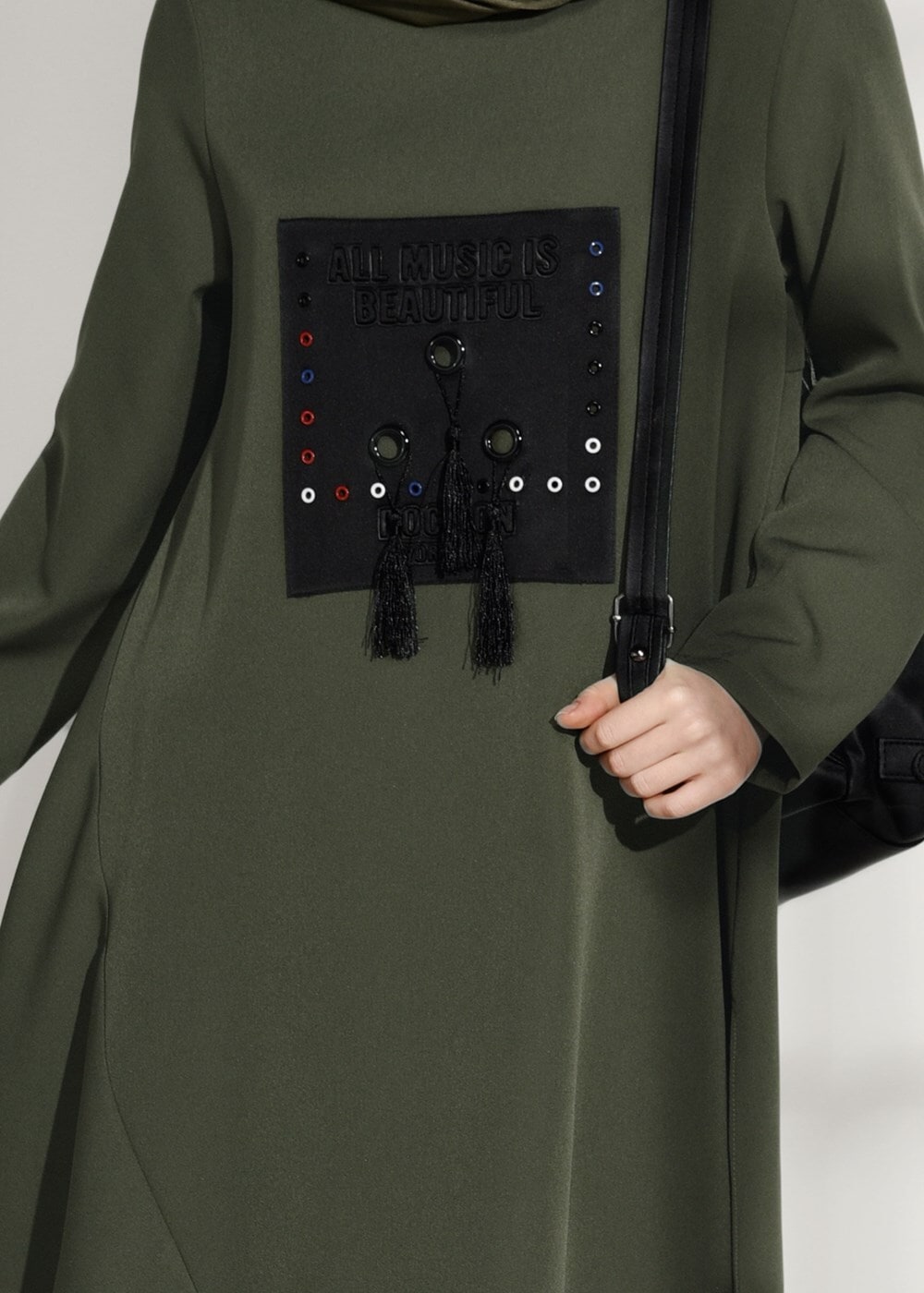 Tesettür giyim HAKİ ASİMETRİK KESİM PANTOLONLU TAKIM 7209