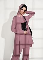 Tesettür giyim PUDRA ASİMETRİK KESİM PANTOLONLU TAKIM 7209