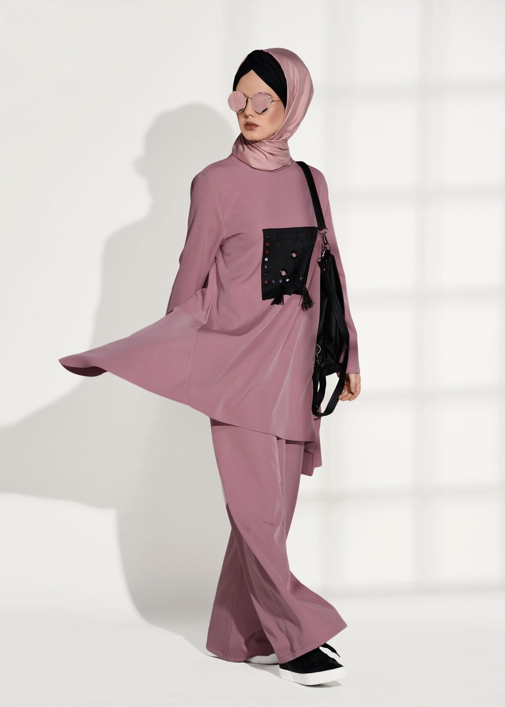 Tesettür giyim PUDRA ASİMETRİK KESİM PANTOLONLU TAKIM 7209