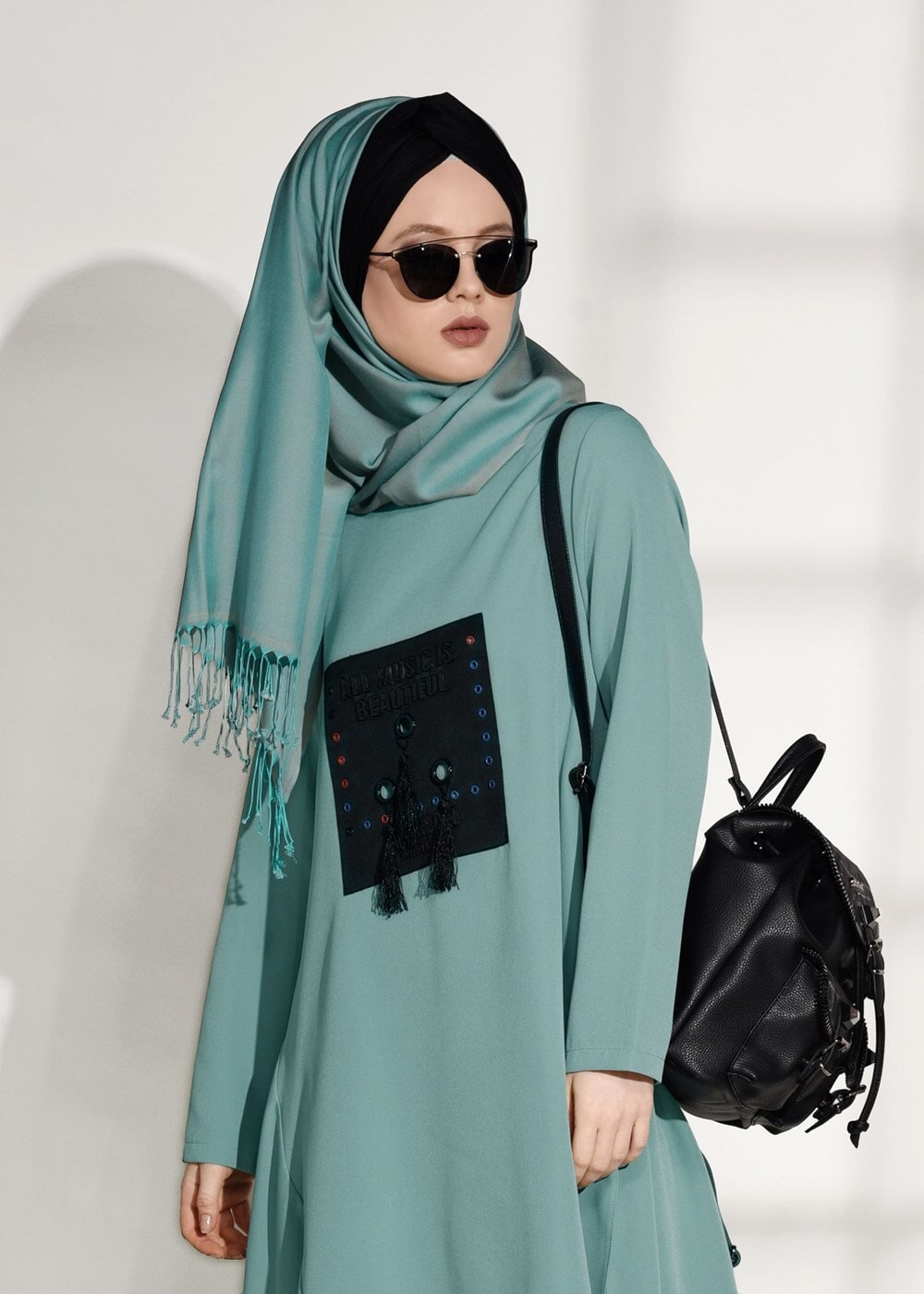 Tesettür giyim YEŞİL ASİMETRİK KESİM PANTOLONLU TAKIM 7209 